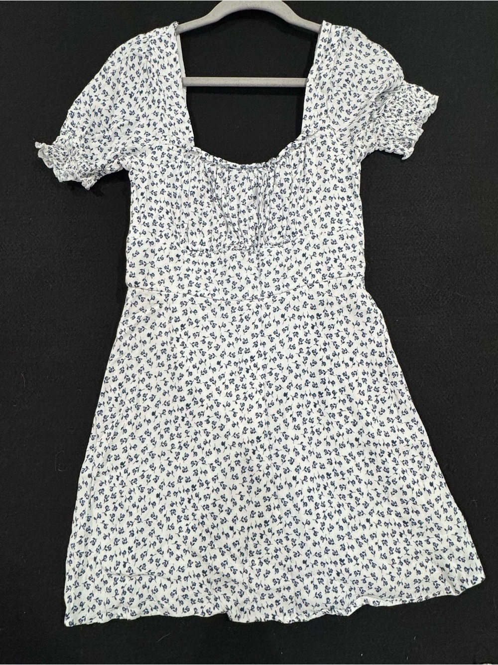 White Mini Dress with Navy Floral Print and Puff Sleeves